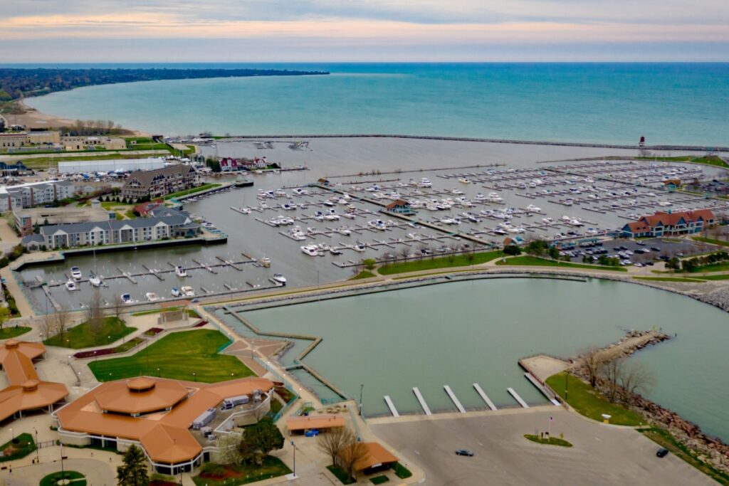 Drone view of an overcast afternoon in Racine, just outside of Milwaukee, Wisconsin